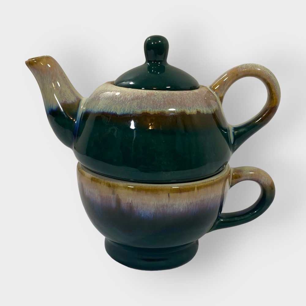 Glazed Green Ceramic Tea-for-One Set with Drip Accent